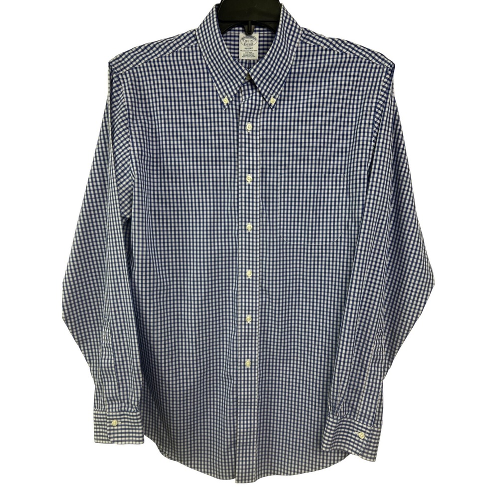Brooks Brothers Regent Shirt Mens 16.5-36 Blue Gingham Non-Iron Supima Cotton E2